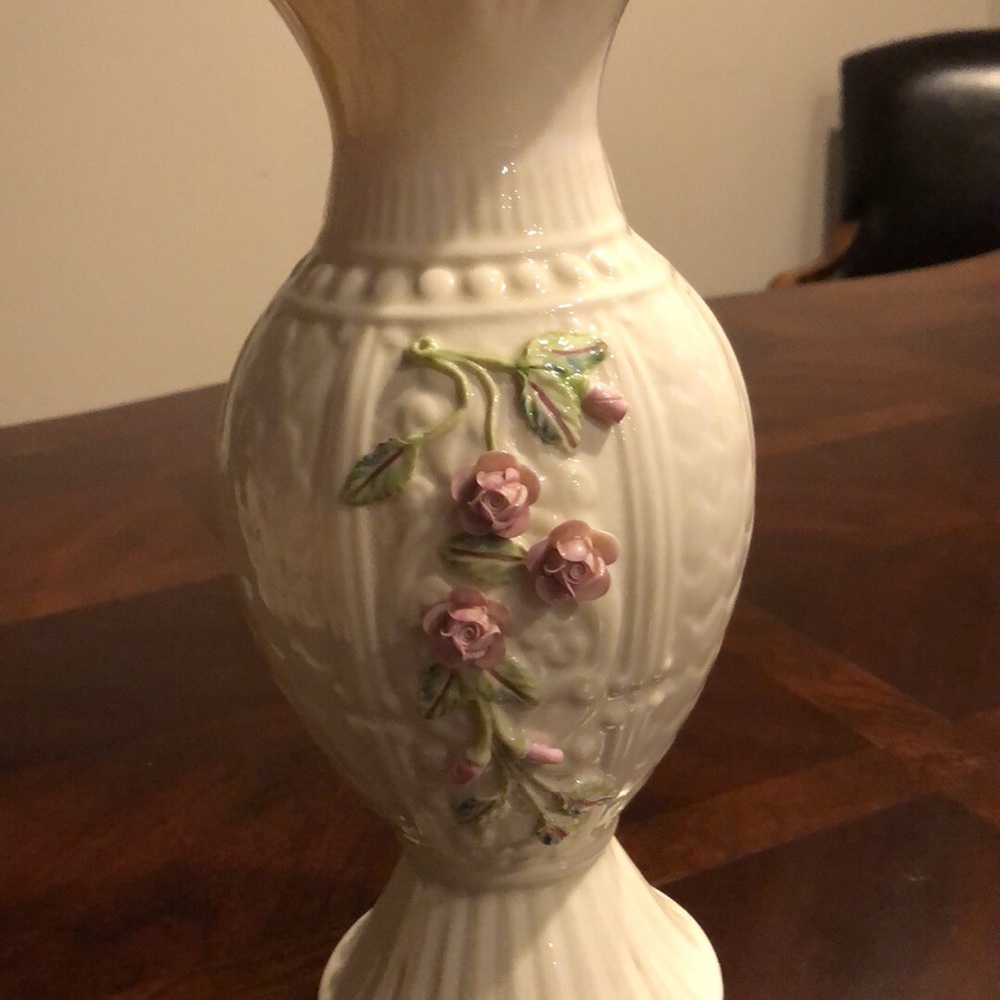 Belleek Vase with pink applied roses.